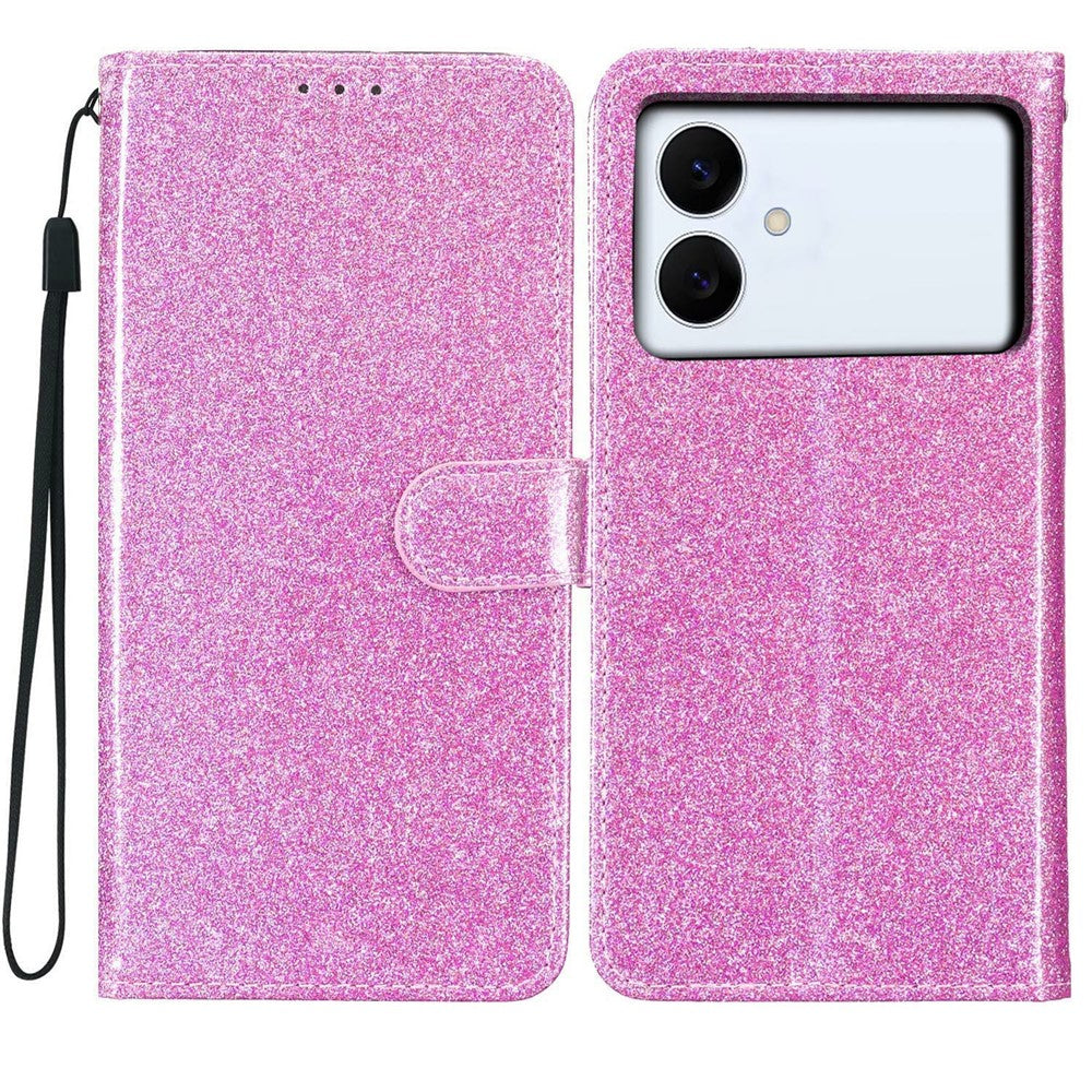 For Samsung Galaxy S26 Edge Wallet Case Glitter Anti-Scratch Leather Stand Phone Cover with Strap