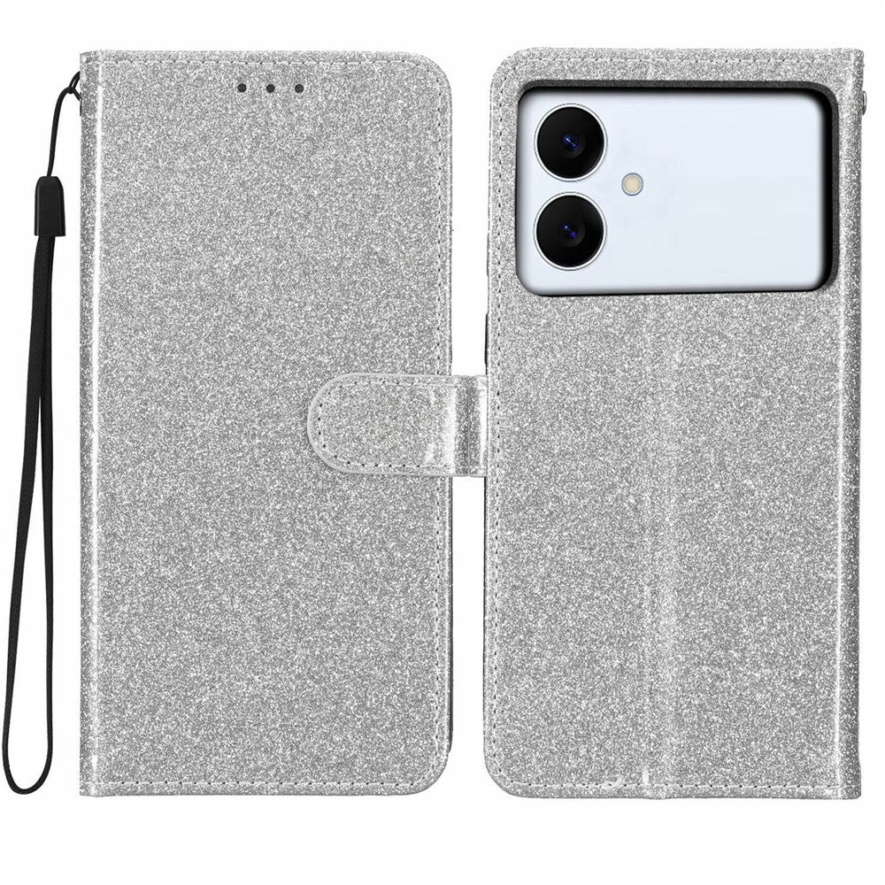 For Samsung Galaxy S26 Edge Wallet Case Glitter Anti-Scratch Leather Stand Phone Cover with Strap