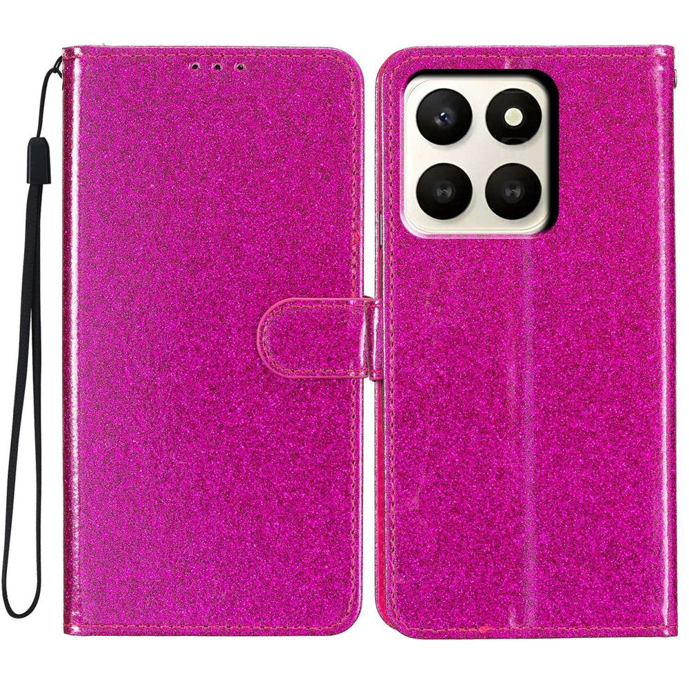 Étui portefeuille à paillettes en cuir anti-rayures avec support et dragonne pour Honor X7d 5G