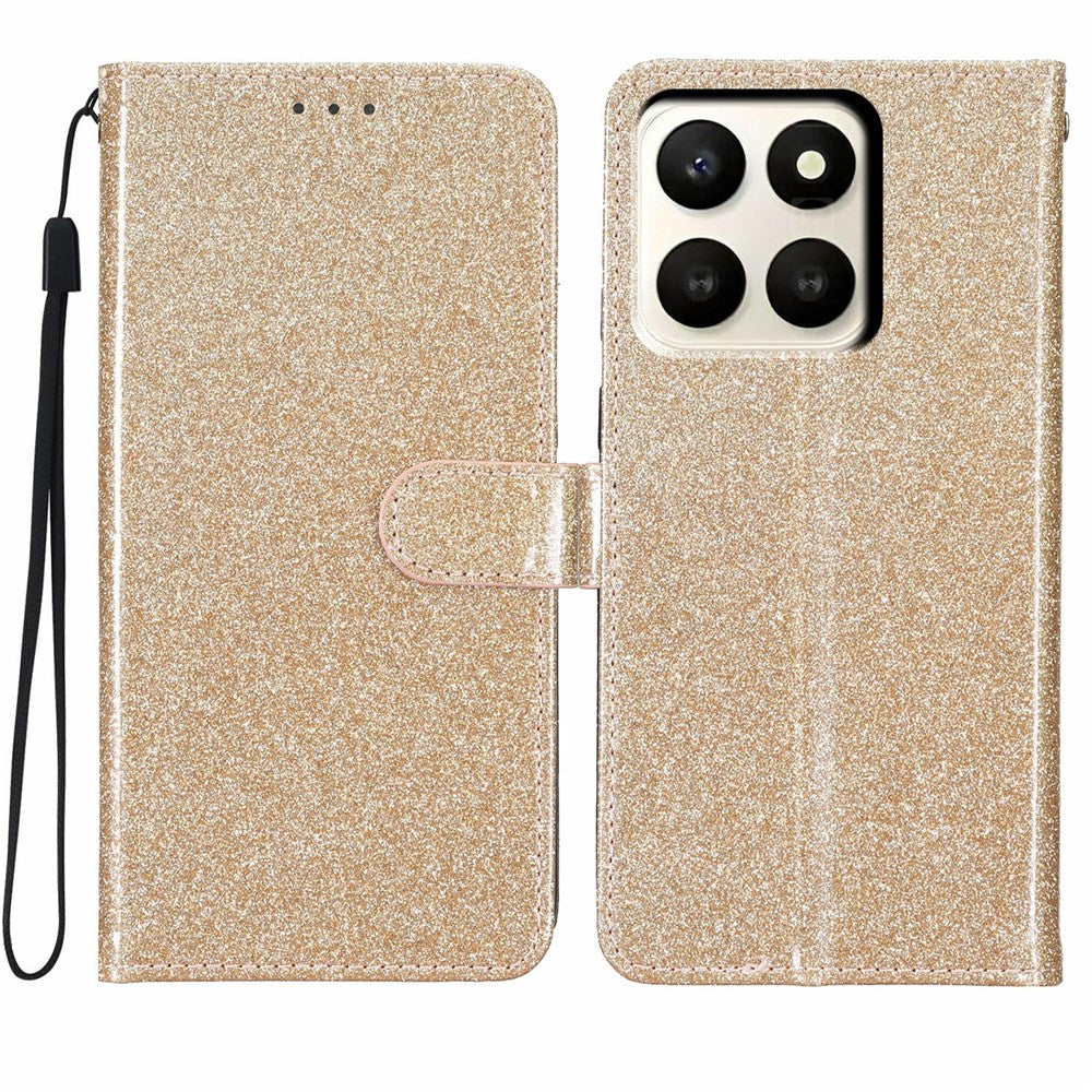 For Honor X7d 5G Wallet Case Glitter Anti-Scratch Leather Stand Phone Cover with Strap