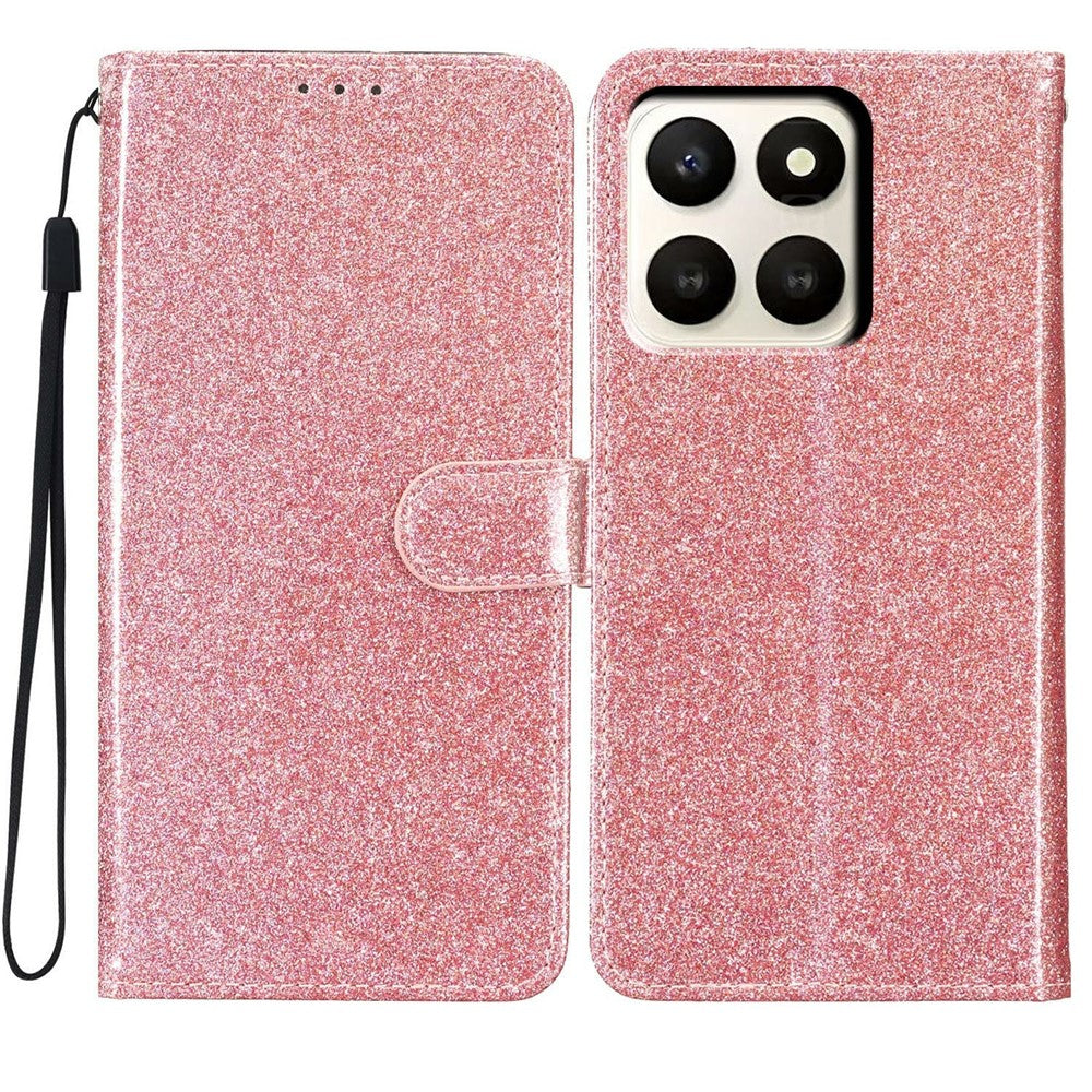 For Honor X7d 5G Wallet Case Glitter Anti-Scratch Leather Stand Phone Cover with Strap