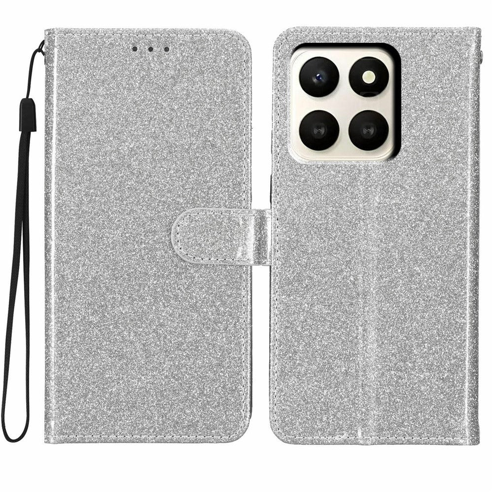 For Honor X7d 5G Wallet Case Glitter Anti-Scratch Leather Stand Phone Cover with Strap