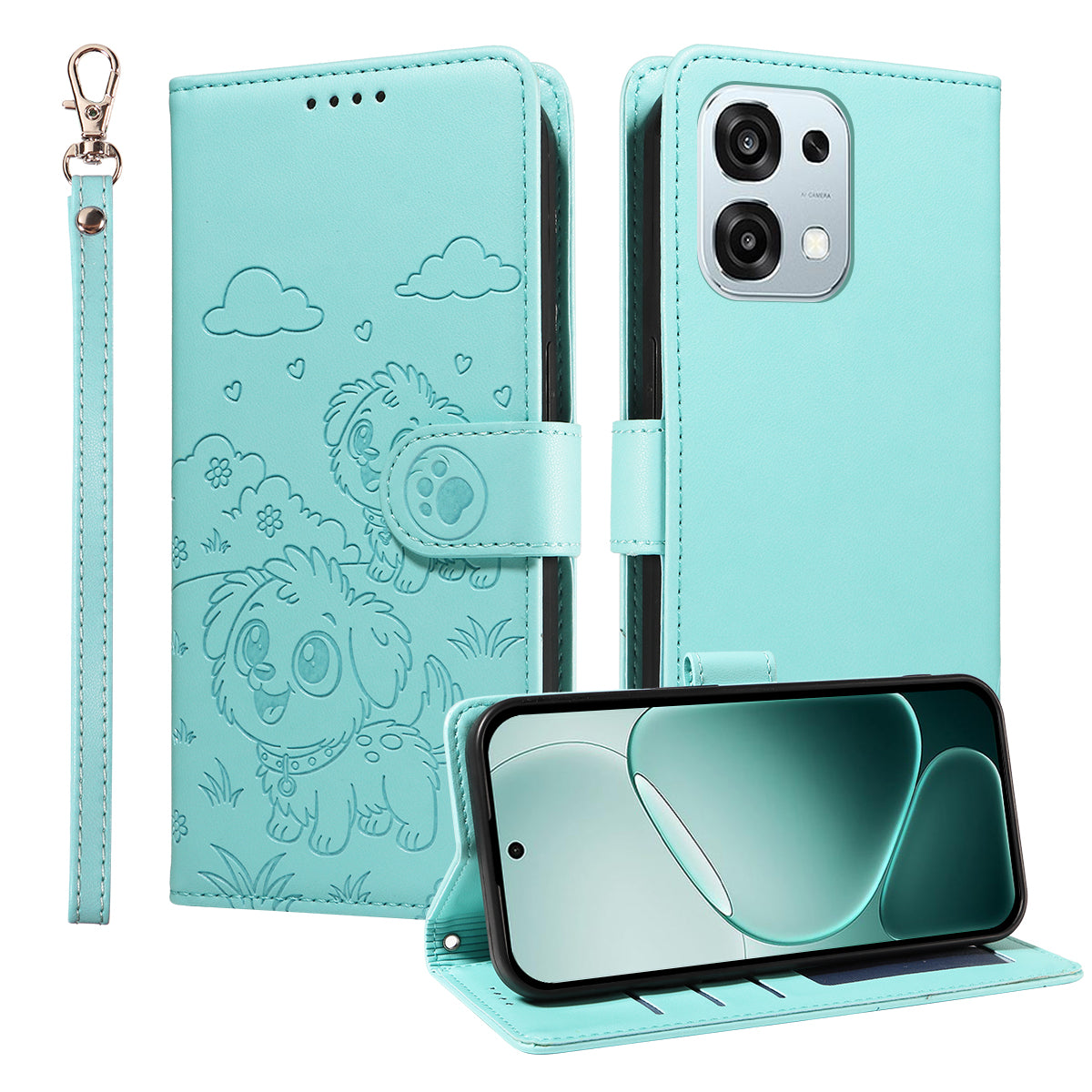 For Oppo A6 5G Case RFID Blocking Imprinted Dog Pattern PU Leather Phone Cover with Wrist Strap