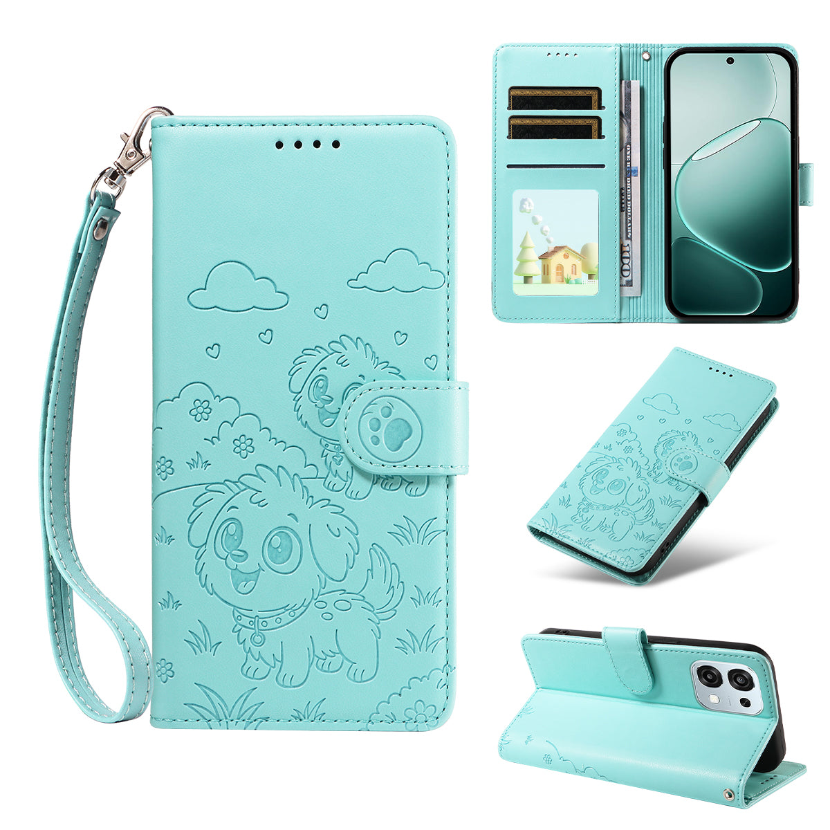 For Oppo A6 5G Case RFID Blocking Imprinted Dog Pattern PU Leather Phone Cover with Wrist Strap