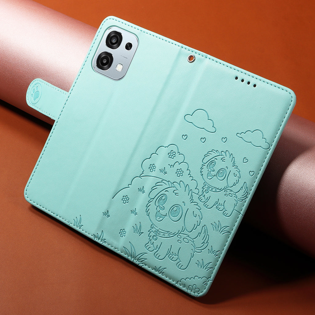 For Oppo A6 5G Case RFID Blocking Imprinted Dog Pattern PU Leather Phone Cover with Wrist Strap