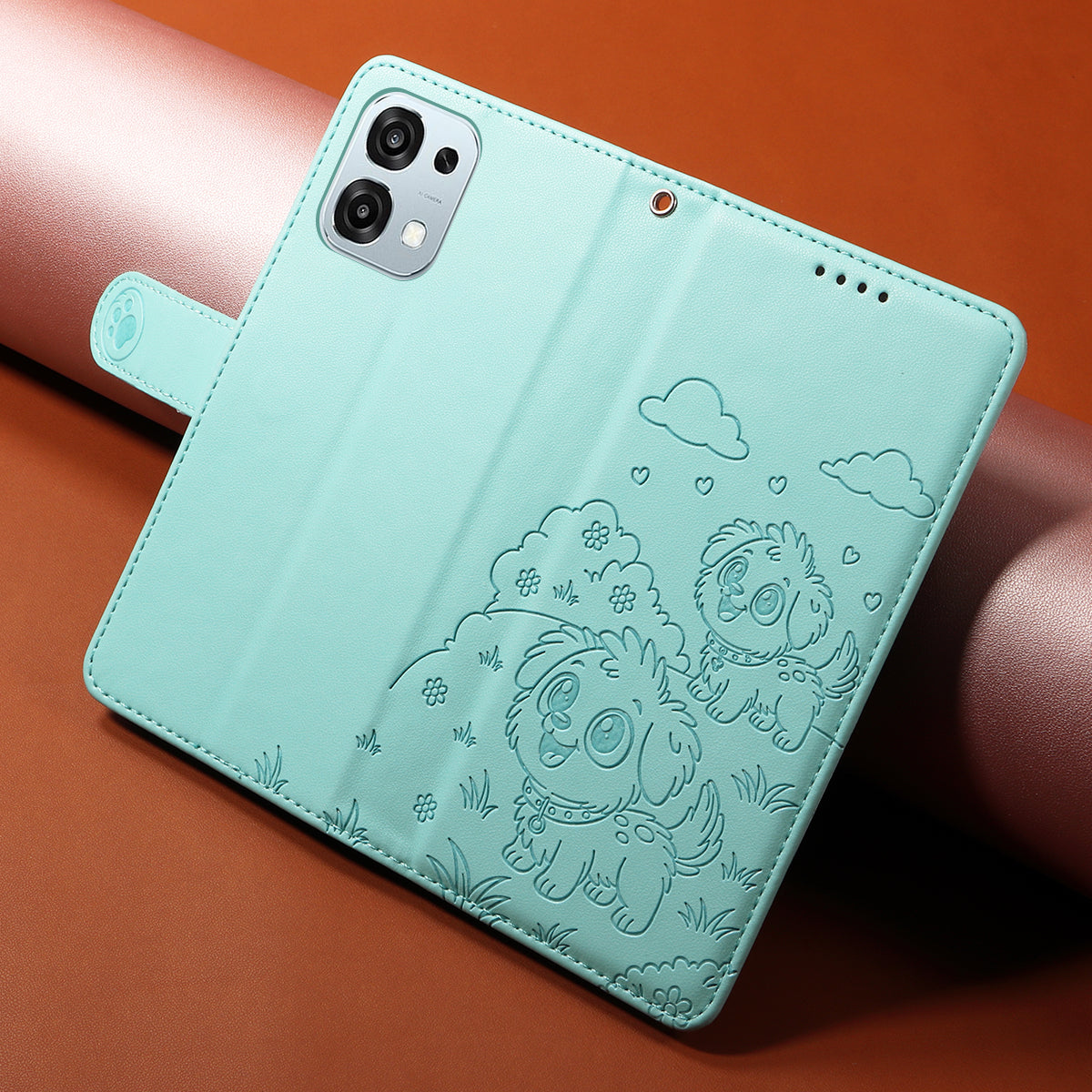 For Oppo A6 5G Case RFID Blocking Imprinted Dog Pattern PU Leather Phone Cover with Wrist Strap