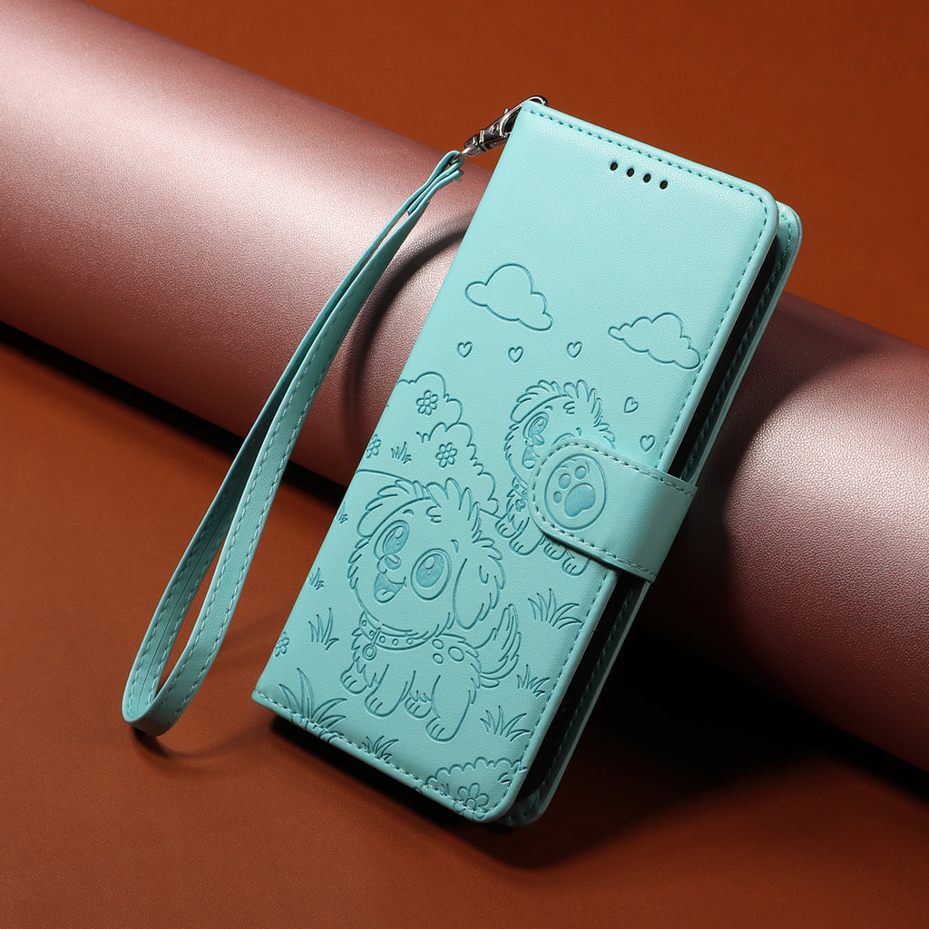 For Oppo A6 5G Case RFID Blocking Imprinted Dog Pattern PU Leather Phone Cover with Wrist Strap