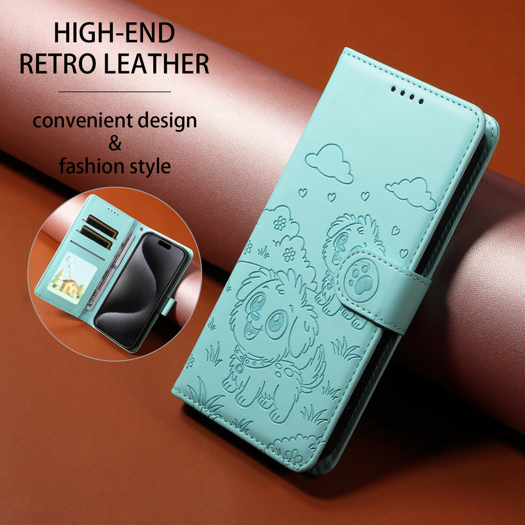For Oppo A6 5G Case RFID Blocking Imprinted Dog Pattern PU Leather Phone Cover with Wrist Strap