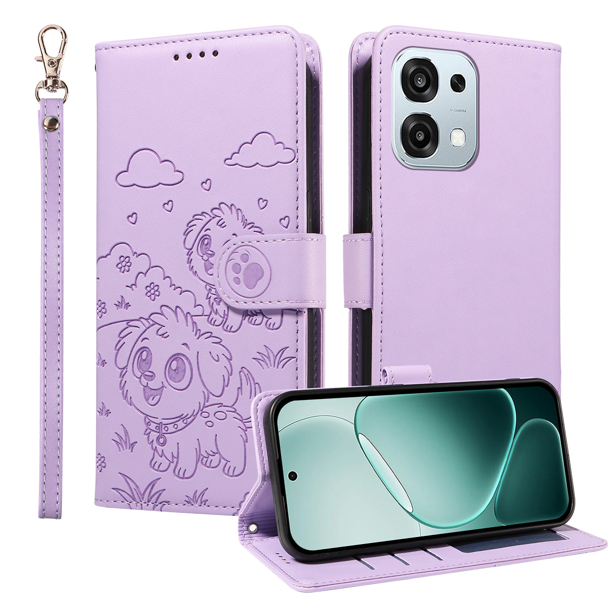 For Oppo A6 5G Case RFID Blocking Imprinted Dog Pattern PU Leather Phone Cover with Wrist Strap