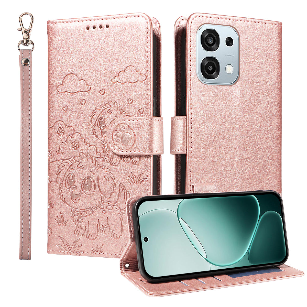 For Oppo A6 5G Case RFID Blocking Imprinted Dog Pattern PU Leather Phone Cover with Wrist Strap