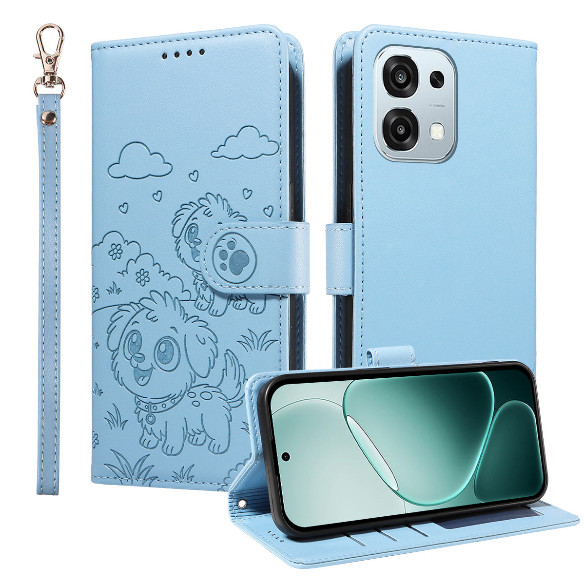 For Oppo A6 5G Case RFID Blocking Imprinted Dog Pattern PU Leather Phone Cover with Wrist Strap