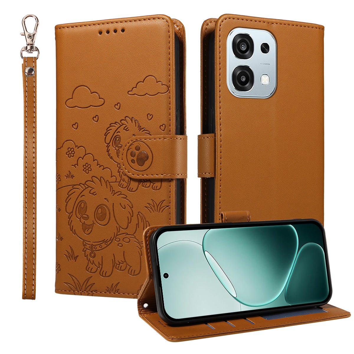 For Oppo A6 5G Case RFID Blocking Imprinted Dog Pattern PU Leather Phone Cover with Wrist Strap