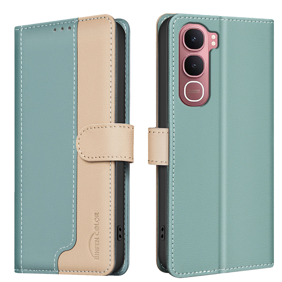 For vivo Y31 5G Leather Case BINFEN COLOR Splicing Color RFID Blocking Wallet Stand Phone Cover