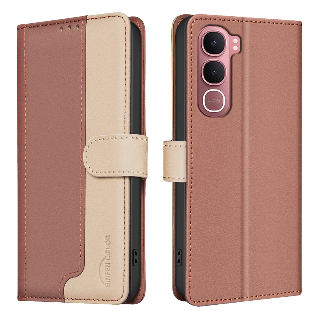 For vivo Y31 5G Leather Case BINFEN COLOR Splicing Color RFID Blocking Wallet Stand Phone Cover