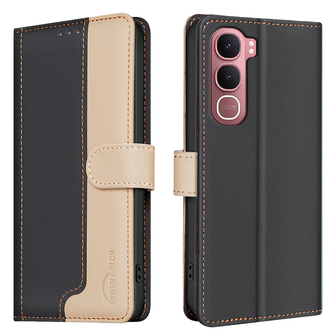 For vivo Y31 5G Leather Case BINFEN COLOR Splicing Color RFID Blocking Wallet Stand Phone Cover