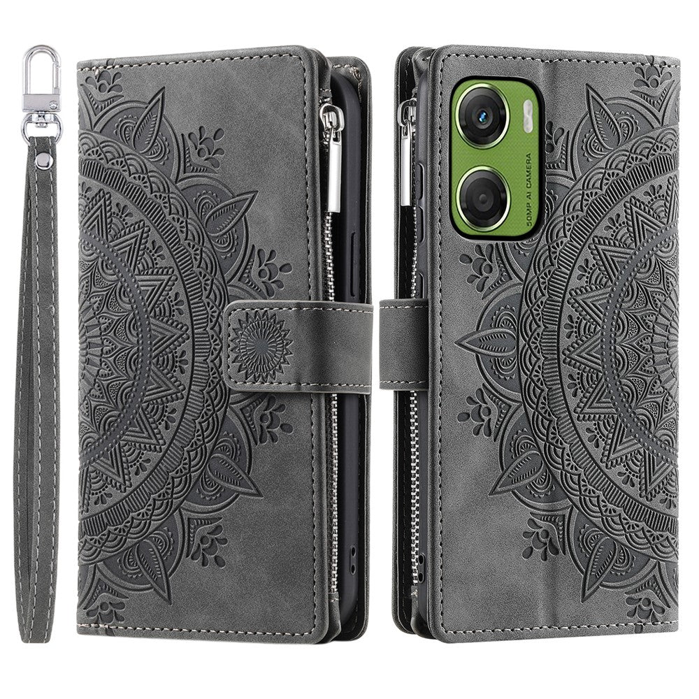For Motorola Moto G06 4G Wallet Case Mandala Flower Pattern PU Leather Phone Cover with Wrist Strap