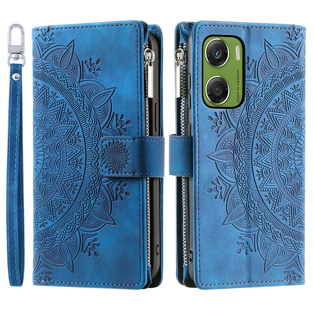 For Motorola Moto G06 4G Wallet Case Mandala Flower Pattern PU Leather Phone Cover with Wrist Strap