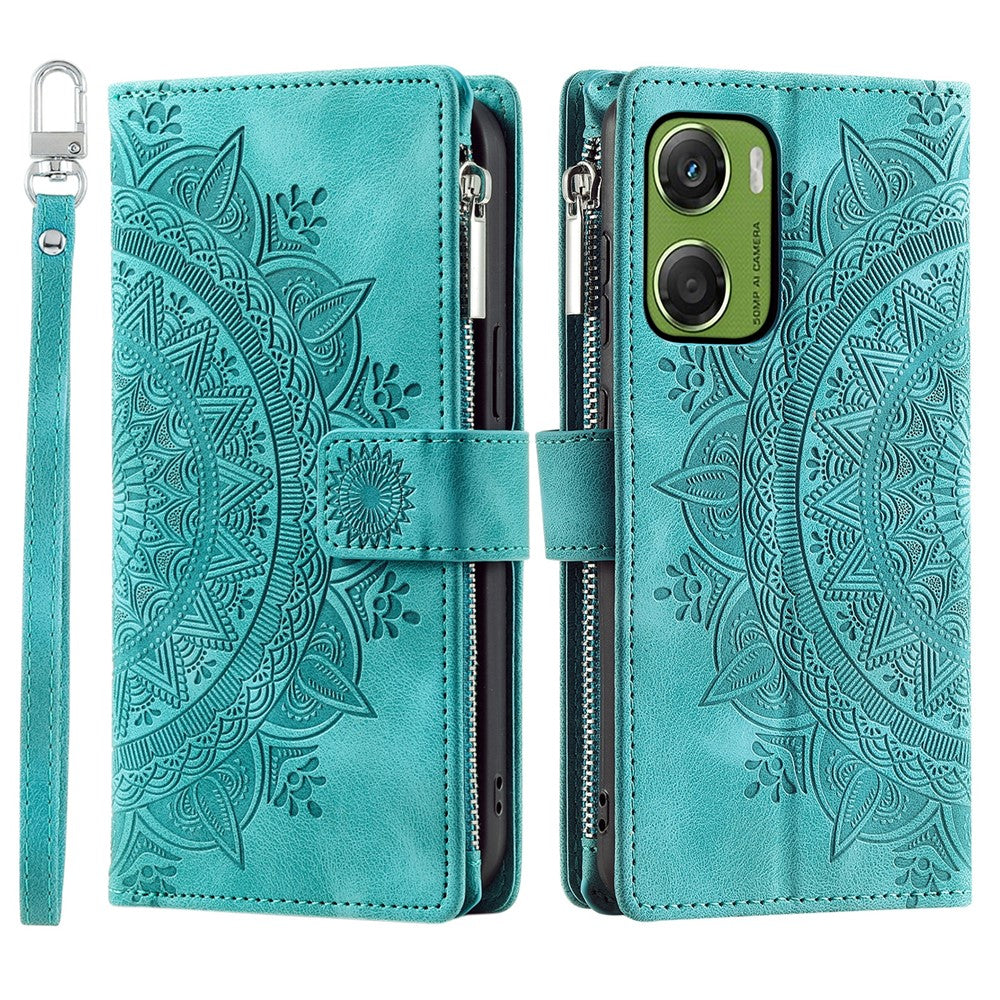 For Motorola Moto G06 4G Wallet Case Mandala Flower Pattern PU Leather Phone Cover with Wrist Strap