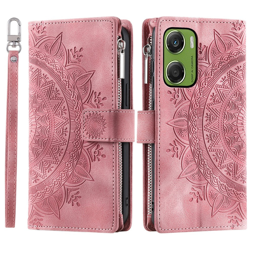 For Motorola Moto G06 4G Wallet Case Mandala Flower Pattern PU Leather Phone Cover with Wrist Strap