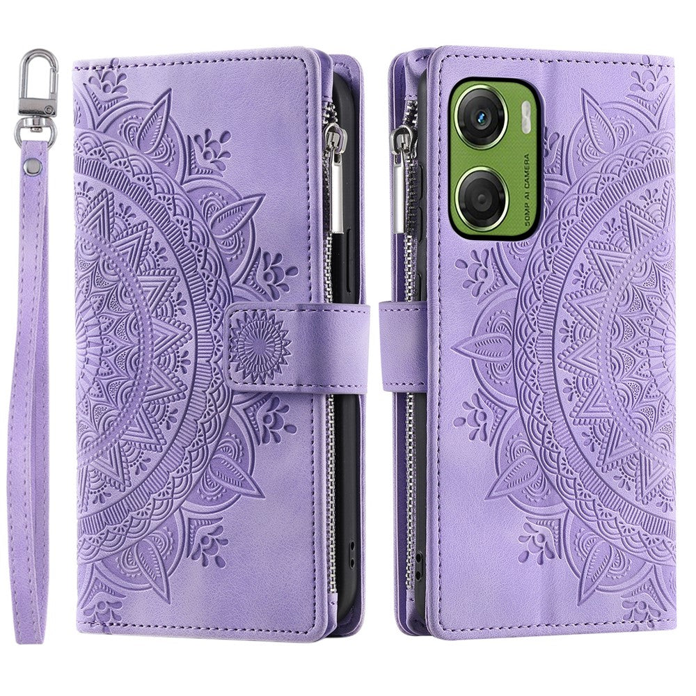 For Motorola Moto G06 4G Wallet Case Mandala Flower Pattern PU Leather Phone Cover with Wrist Strap