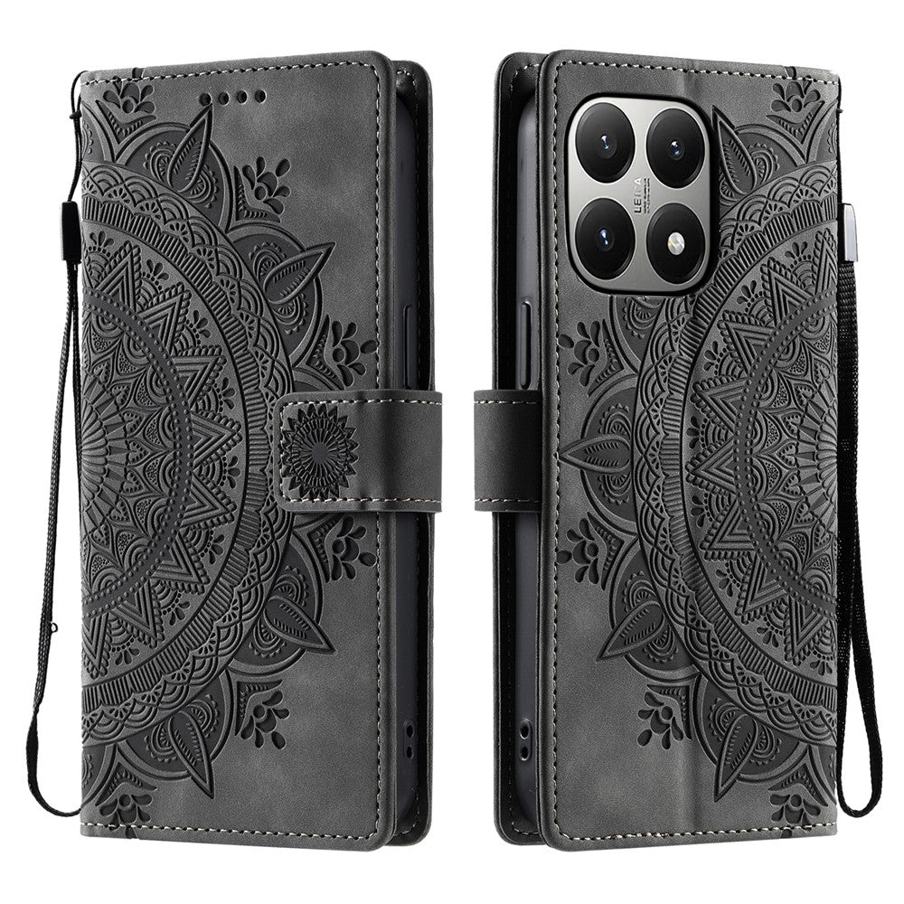 For Xiaomi 15T Case Imprinted Totem Skin Feel Wallet Leather Phone Cover with Hand Strap