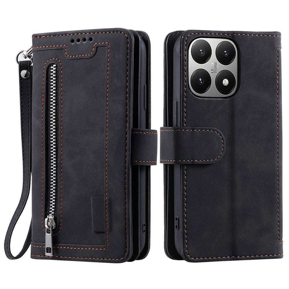 For Xiaomi 15T Case 9 Card Slots Zipper Wallet PU Leather Phone Cover with Wrist Strap