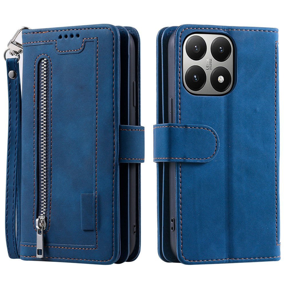 For Xiaomi 15T Case 9 Card Slots Zipper Wallet PU Leather Phone Cover with Wrist Strap