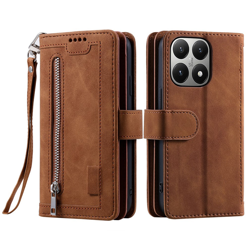 For Xiaomi 15T Case 9 Card Slots Zipper Wallet PU Leather Phone Cover with Wrist Strap