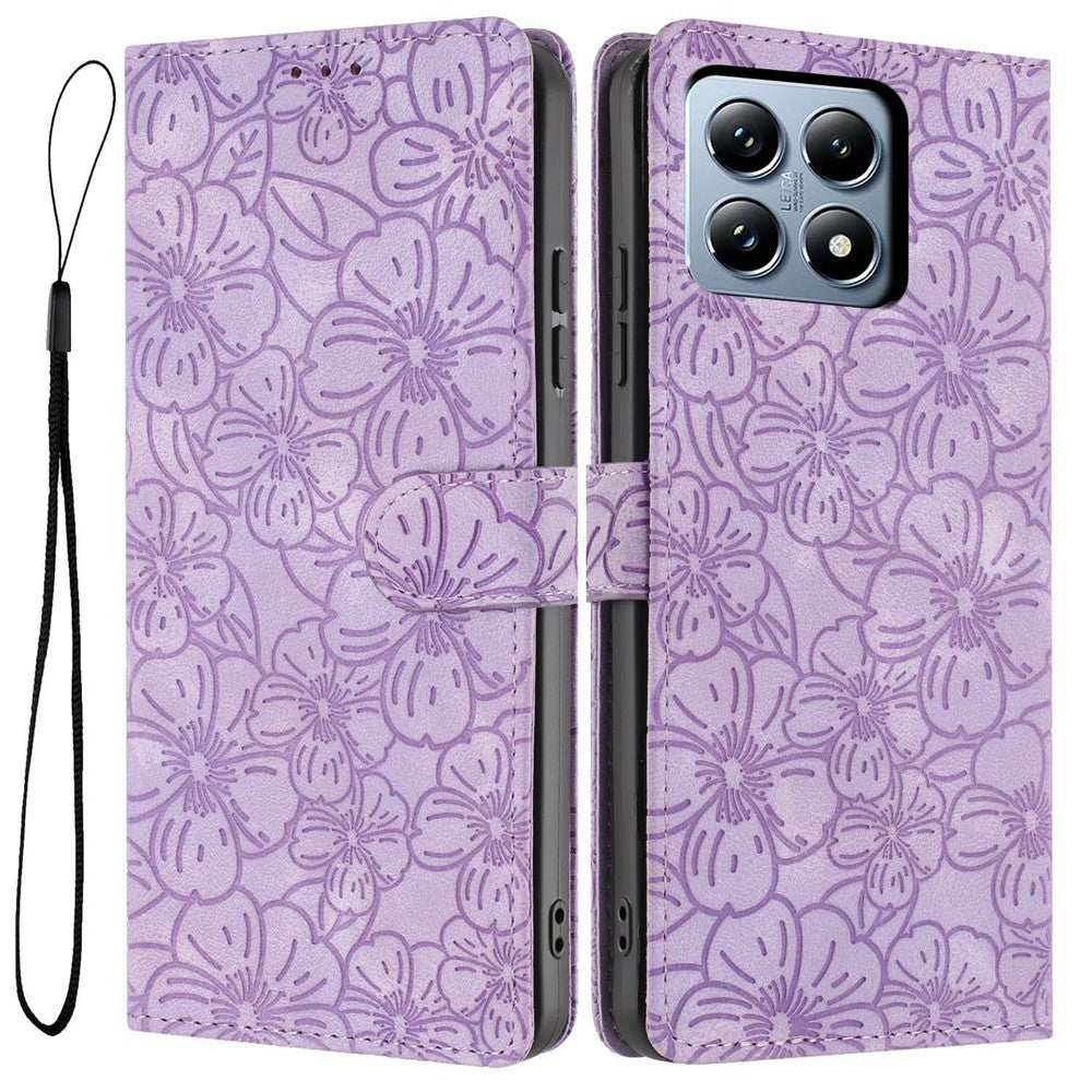 For Xiaomi 14T Pro Flip Case Cherry Blossom Pattern Leather Wallet Stand Phone Cover with Wrist Strap