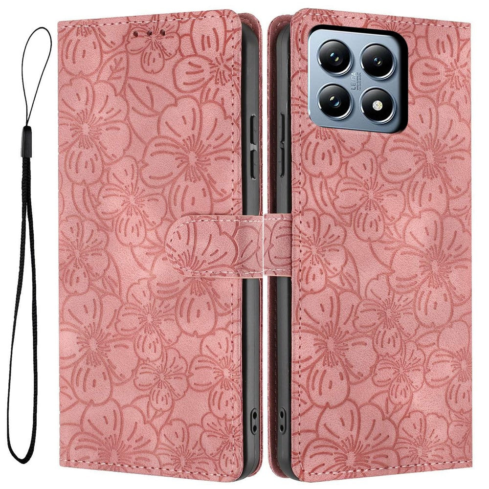 For Xiaomi 14T Pro Flip Case Cherry Blossom Pattern Leather Wallet Stand Phone Cover with Wrist Strap