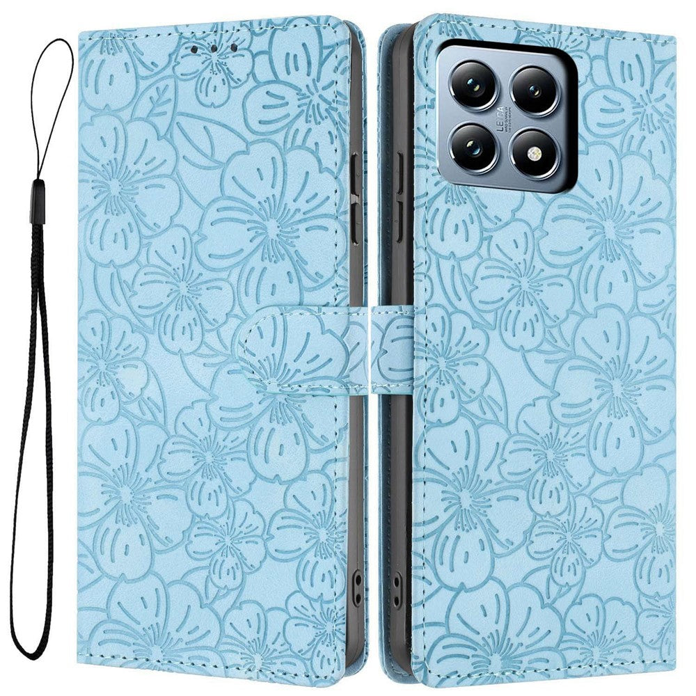 Funda tipo cartera de piel con estampado de flores de cerezo para Xiaomi 14T Pro, con soporte y correa de muñeca.