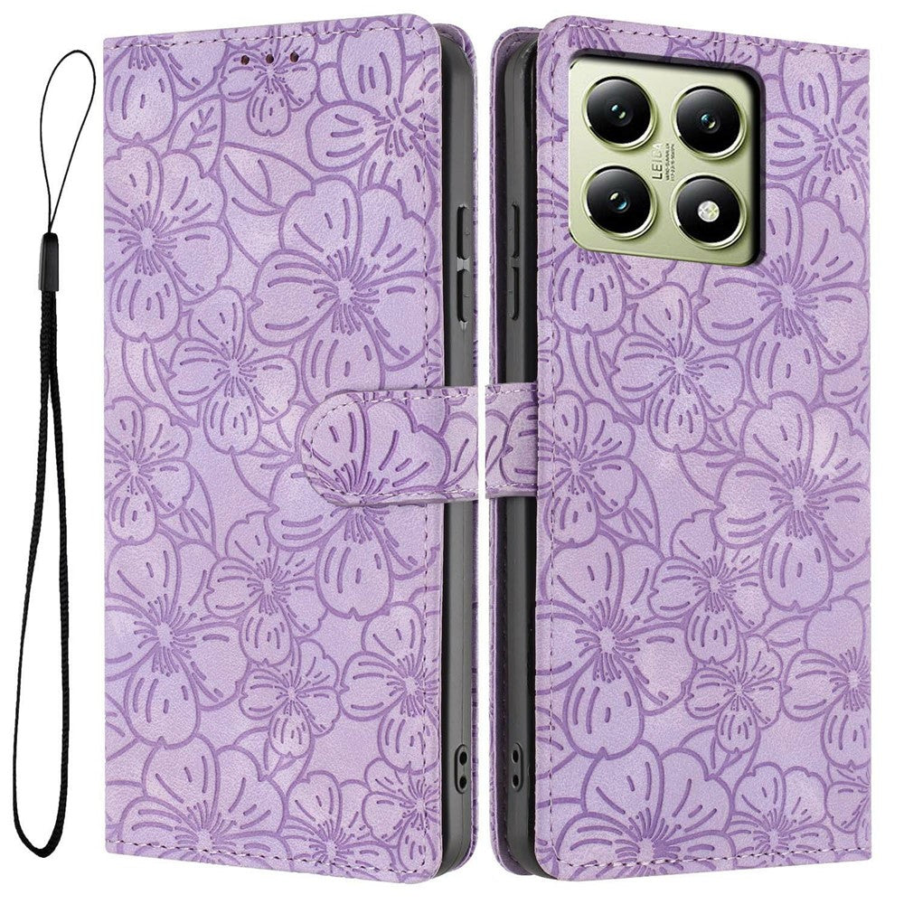 For Xiaomi 14T Flip Case Cherry Blossom Pattern Leather Wallet Stand Phone Cover with Wrist Strap