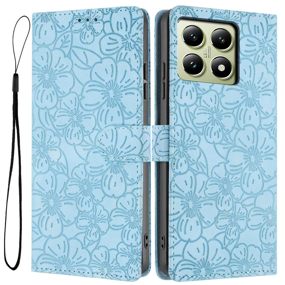 For Xiaomi 14T Flip Case Cherry Blossom Pattern Leather Wallet Stand Phone Cover with Wrist Strap