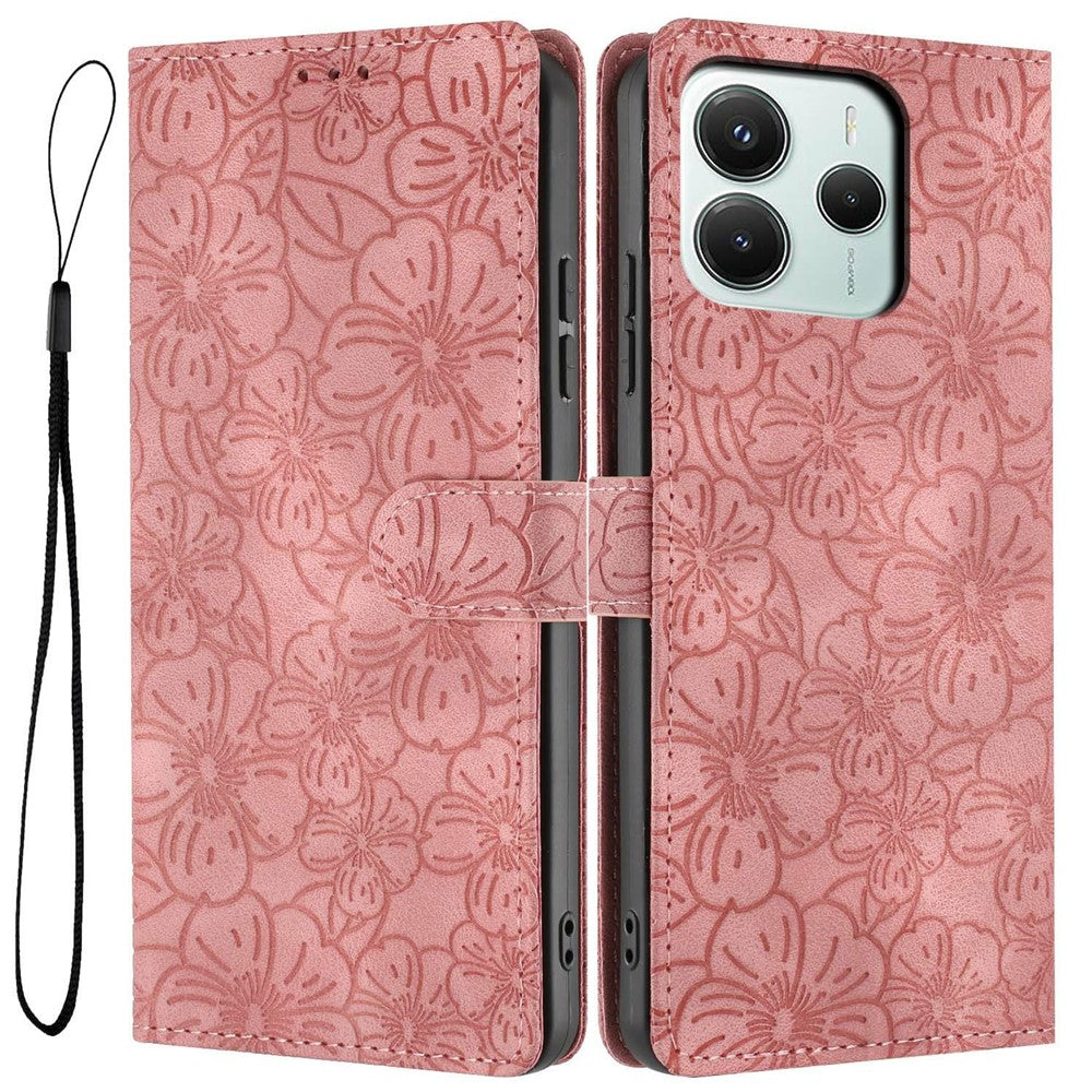 Flip Case For Xiaomi Redmi Note 14 5G  /  Poco M7 Pro 5G Leather Phone Cover Cherry Blossom Pattern Wallet Stand with Wrist Strap