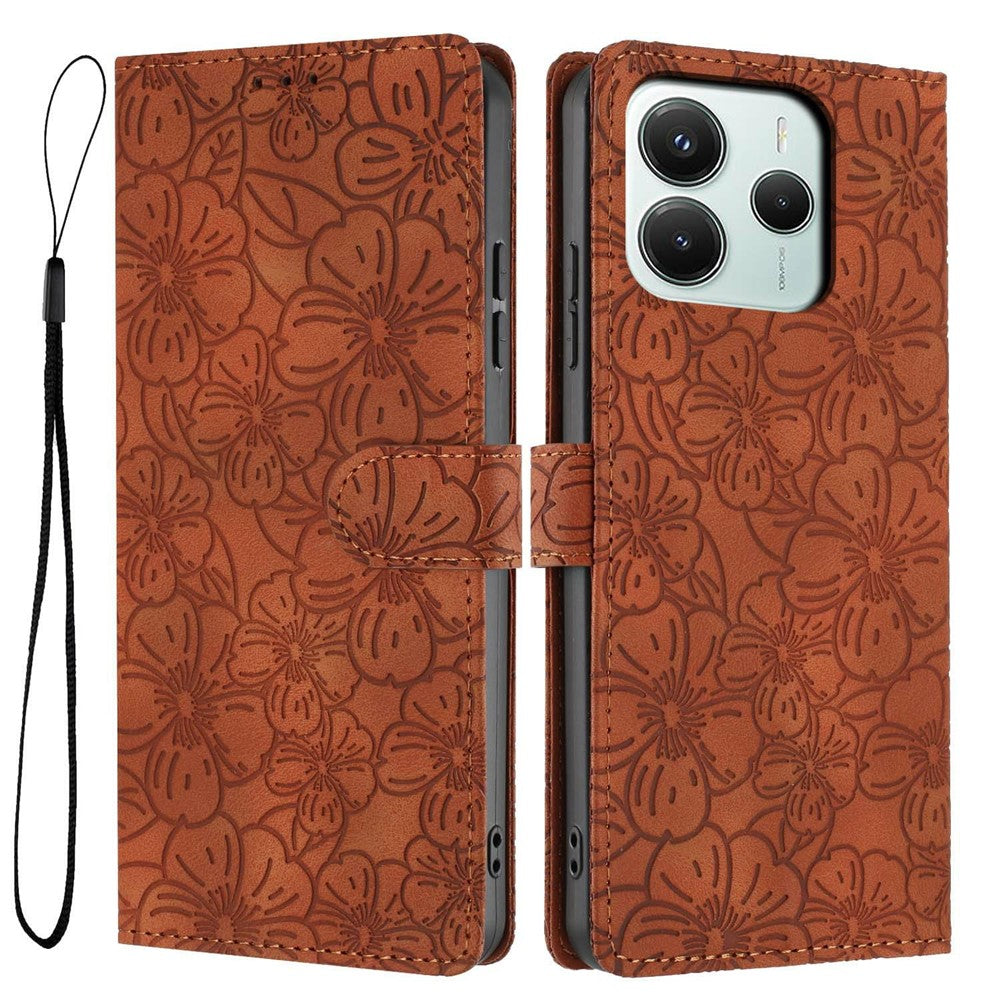 Flip Case For Xiaomi Redmi Note 14 5G  /  Poco M7 Pro 5G Leather Phone Cover Cherry Blossom Pattern Wallet Stand with Wrist Strap