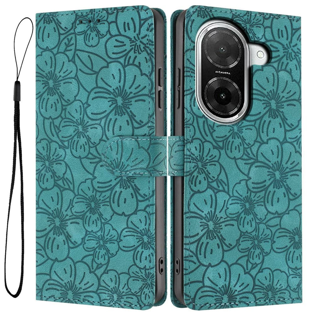 Flip Case For Xiaomi Redmi A5 4G (171.7mm)  /  Poco C71 4G Leather Phone Cover Cherry Blossom Pattern Wallet Stand with Wrist Strap