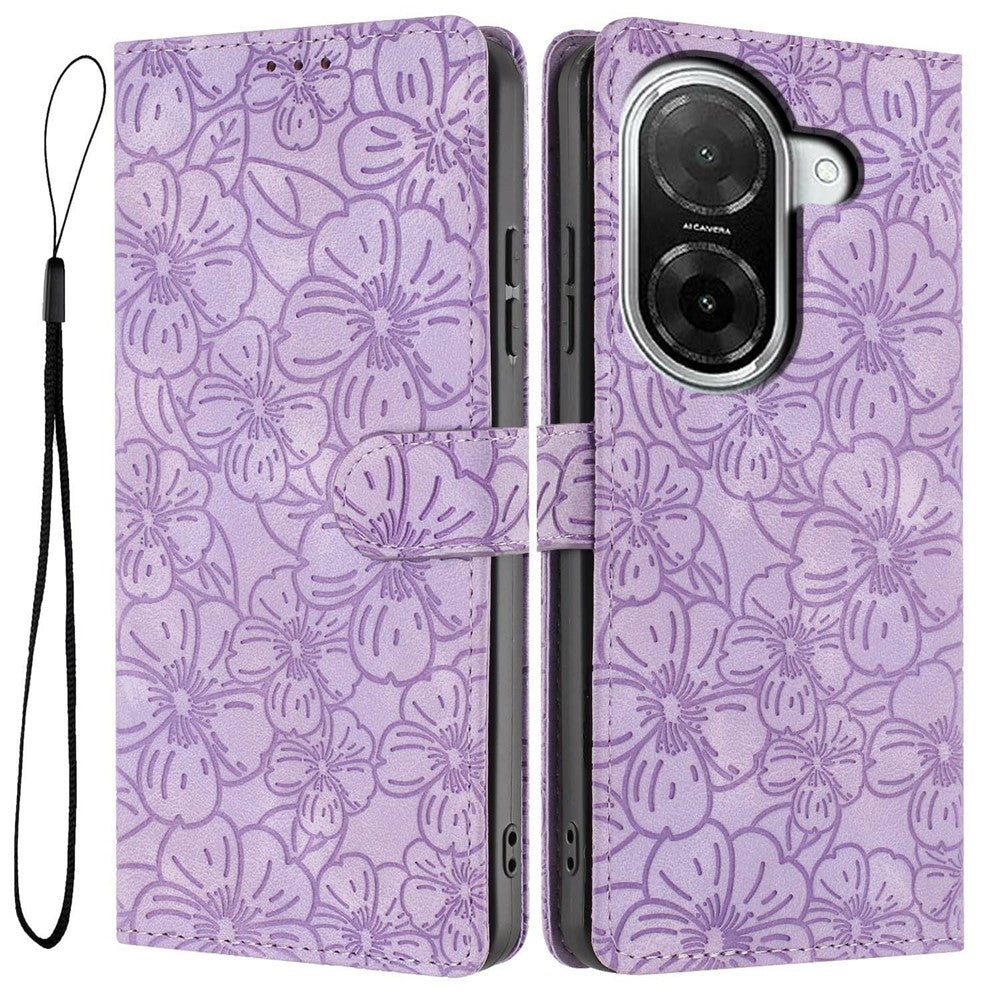 Flip Case For Xiaomi Redmi A5 4G (171.7mm)  /  Poco C71 4G Leather Phone Cover Cherry Blossom Pattern Wallet Stand with Wrist Strap