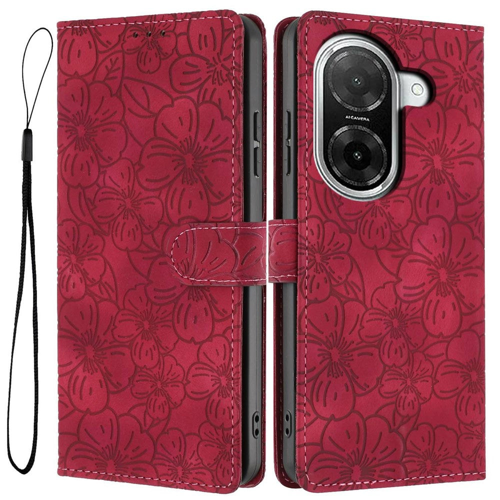 Flip Case For Xiaomi Redmi A5 4G (171.7mm)  /  Poco C71 4G Leather Phone Cover Cherry Blossom Pattern Wallet Stand with Wrist Strap