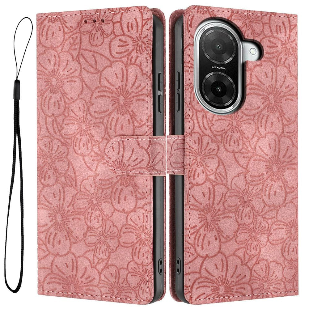 Flip Case For Xiaomi Redmi A5 4G (171.7mm)  /  Poco C71 4G Leather Phone Cover Cherry Blossom Pattern Wallet Stand with Wrist Strap