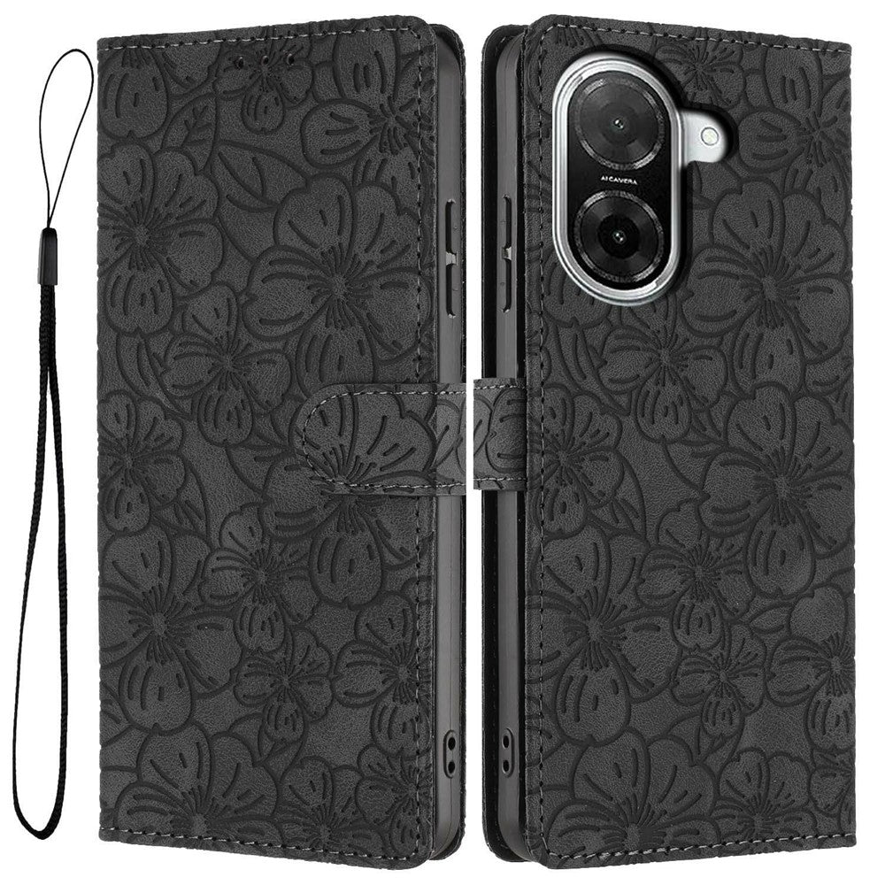 Flip Case For Xiaomi Redmi A5 4G (171.7mm)  /  Poco C71 4G Leather Phone Cover Cherry Blossom Pattern Wallet Stand with Wrist Strap