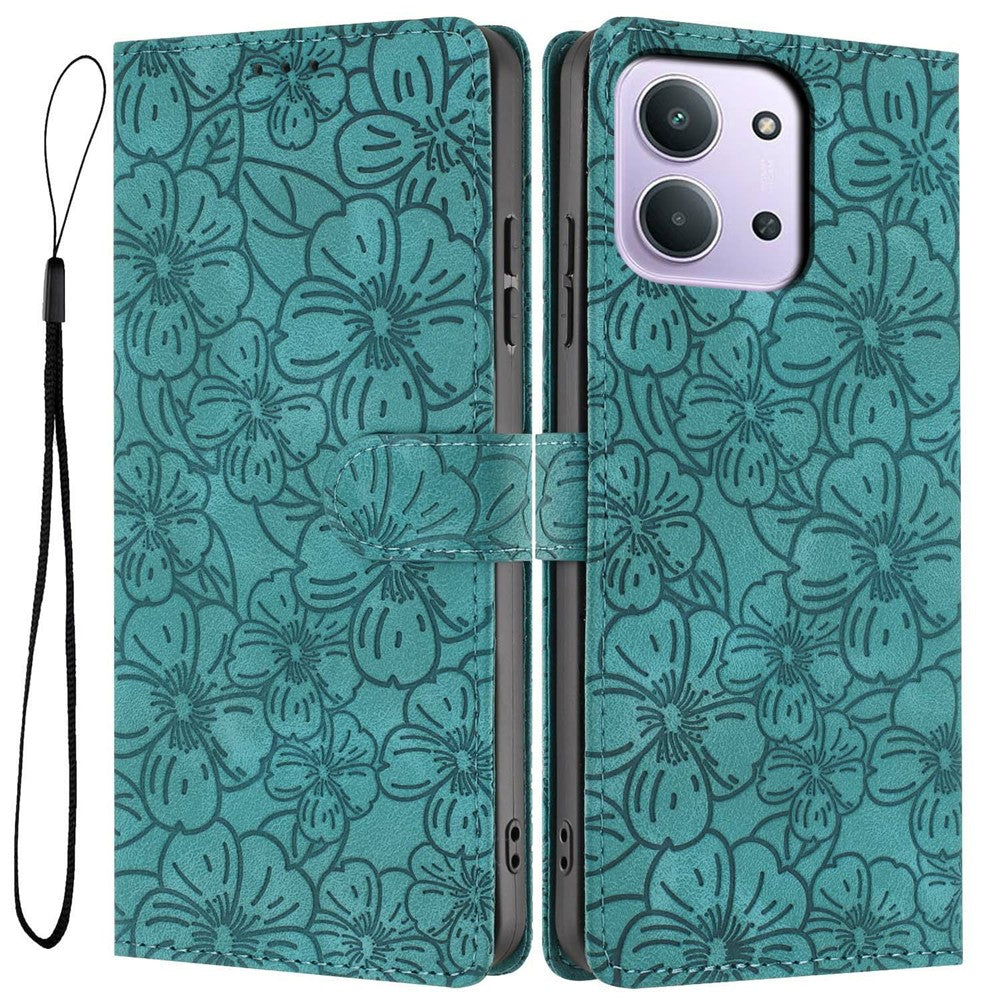 Flip Case For Xiaomi Redmi 15C 4G (Global) (171mm)  /  Poco C85 4G (171mm) Leather Phone Cover Cherry Blossom Pattern Wallet Stand with Wrist Strap