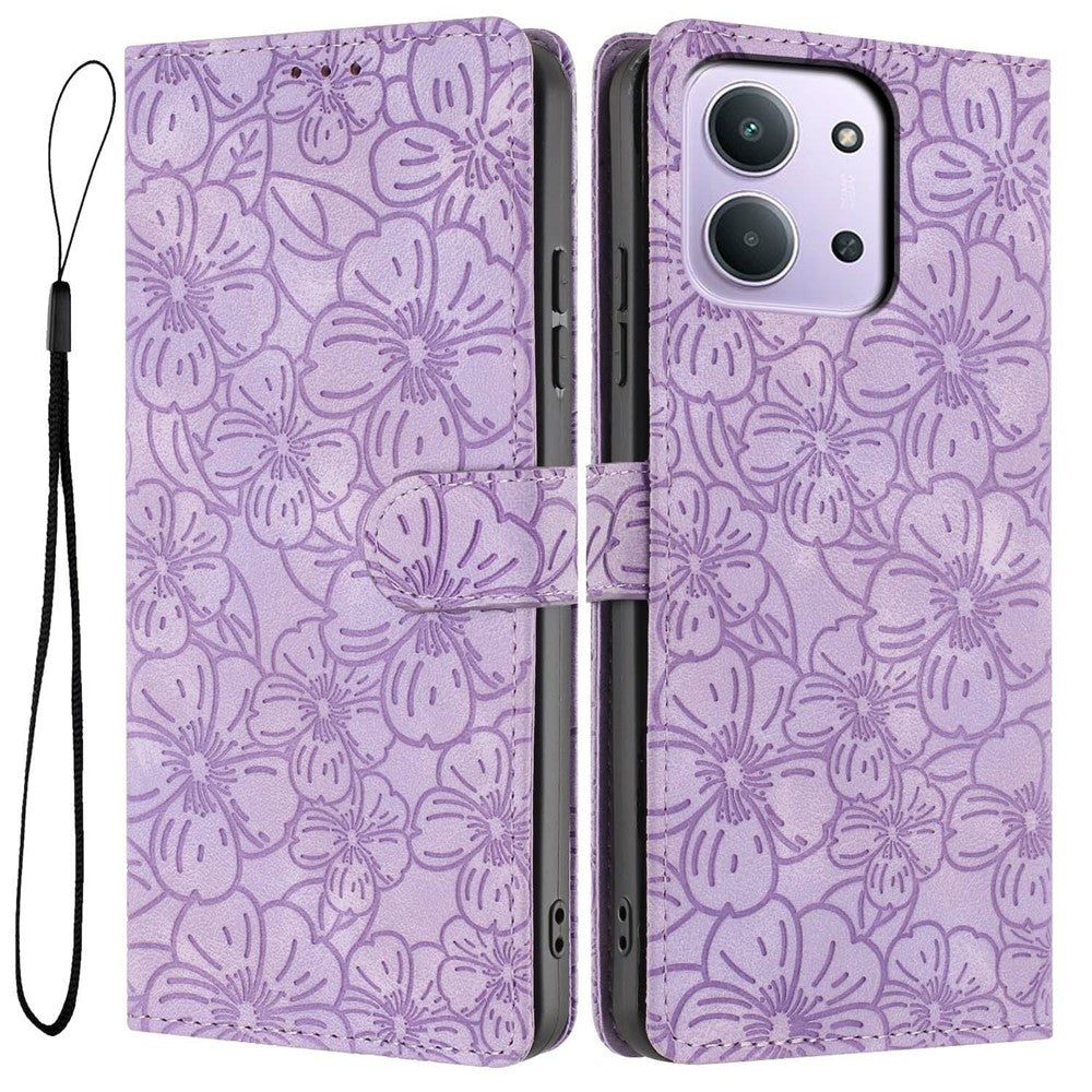 Flip Case For Xiaomi Redmi 15C 4G (Global) (171mm)  /  Poco C85 4G (171mm) Leather Phone Cover Cherry Blossom Pattern Wallet Stand with Wrist Strap