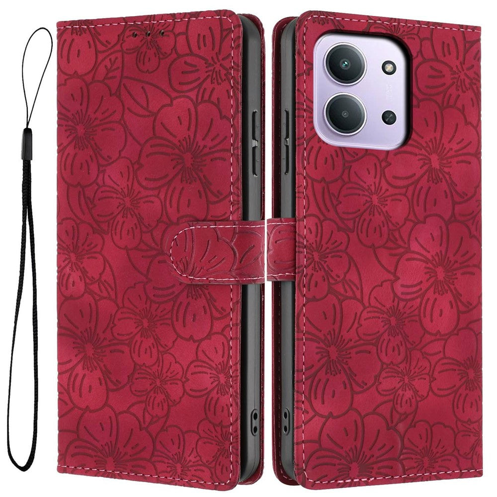 Flip Case For Xiaomi Redmi 15C 4G (Global) (171mm)  /  Poco C85 4G (171mm) Leather Phone Cover Cherry Blossom Pattern Wallet Stand with Wrist Strap
