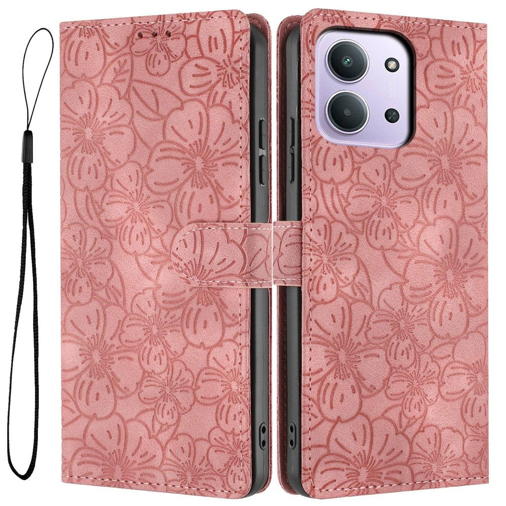 Flip Case For Xiaomi Redmi 15C 4G (Global) (171mm)  /  Poco C85 4G (171mm) Leather Phone Cover Cherry Blossom Pattern Wallet Stand with Wrist Strap
