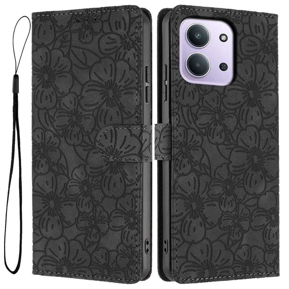 Flip Case For Xiaomi Redmi 15C 4G (Global) (171mm)  /  Poco C85 4G (171mm) Leather Phone Cover Cherry Blossom Pattern Wallet Stand with Wrist Strap