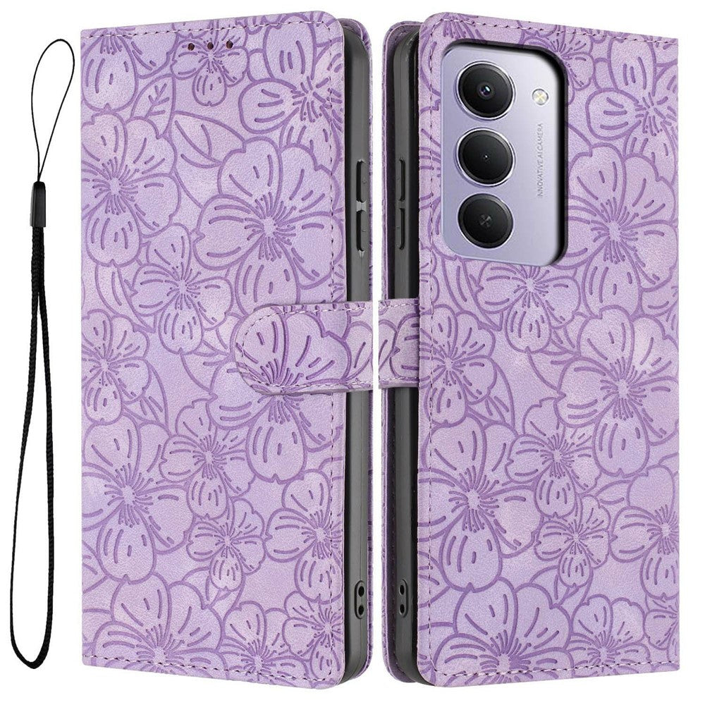 Flip Case For Xiaomi Redmi 15 5G (Global) (169mm)  /  15 4G (169mm) Leather Phone Cover Cherry Blossom Pattern Wallet Stand with Wrist Strap