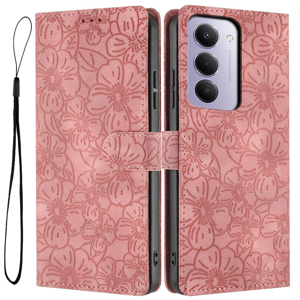 Flip Case For Xiaomi Redmi 15 5G (Global) (169mm)  /  15 4G (169mm) Leather Phone Cover Cherry Blossom Pattern Wallet Stand with Wrist Strap