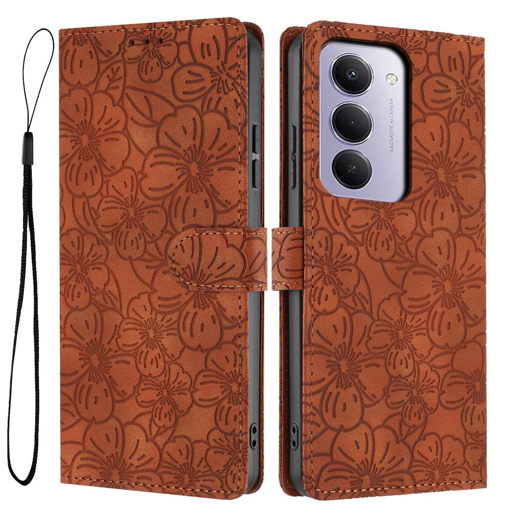 Flip Case For Xiaomi Redmi 15 5G (Global) (169mm)  /  15 4G (169mm) Leather Phone Cover Cherry Blossom Pattern Wallet Stand with Wrist Strap