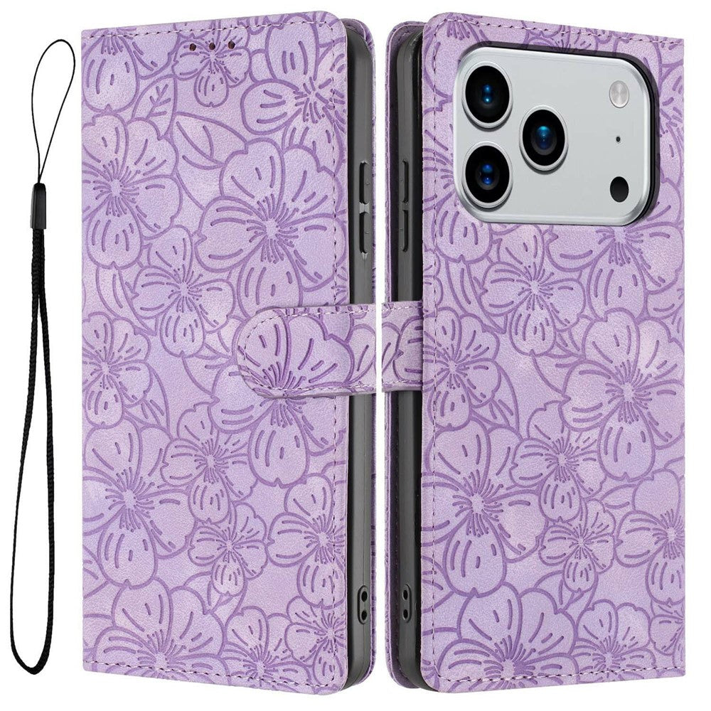 For iPhone 17 Pro Max Flip Case Cherry Blossom Pattern Leather Wallet Stand Phone Cover with Wrist Strap
