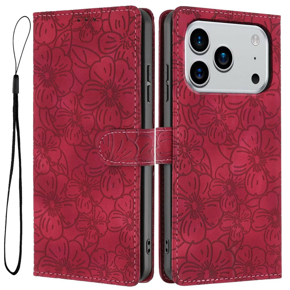 For iPhone 17 Pro Max Flip Case Cherry Blossom Pattern Leather Wallet Stand Phone Cover with Wrist Strap